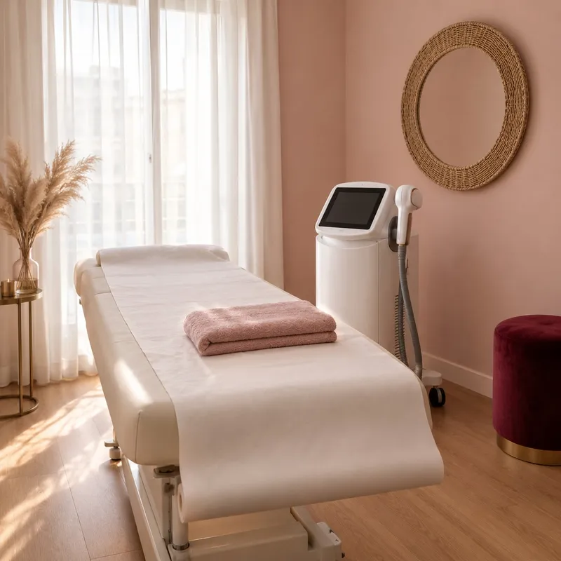 Uma sala de tratamento calma em tons rosa-pó e creme, uma marquesa de laser com uma toalha dobrada